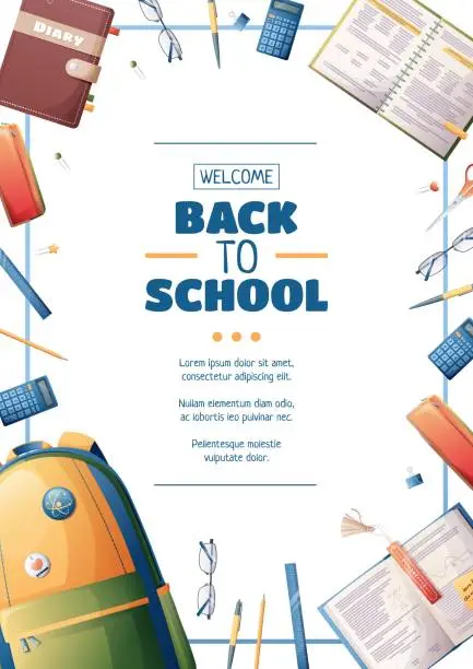 Vector illustration of Poster template with school backpack, textbooks and stationery. Flyer design on the theme of school, education. Back to school, school time, studying. Banner, background, poster size a4