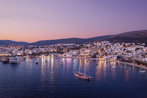 View of Traditional white buildings at sunset, Bodrum, Turkey