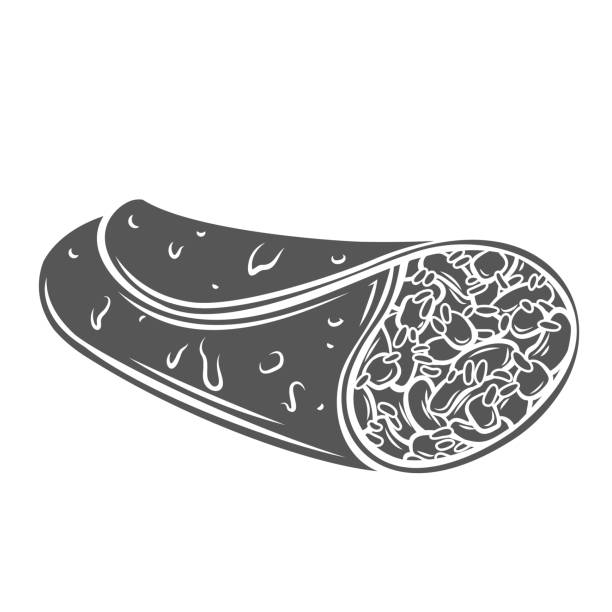 Burrito Glyph Icon Burrito glyph icon vector illustration. Stamp of Mexican sandwich with shredded chicken meat and spicy sauce, vegetables and cheese in tortilla wrap, burrito from fast food restaurant menu in Mexico shredded chicken stock illustrations