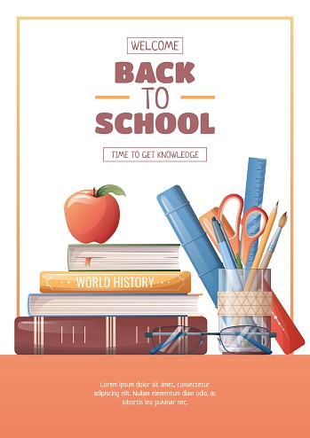 Poster template with school accessories, textbooks and stationery. Flyer design on the theme of school, education. Back to school, school time, studying. Banner, background, poster size a4