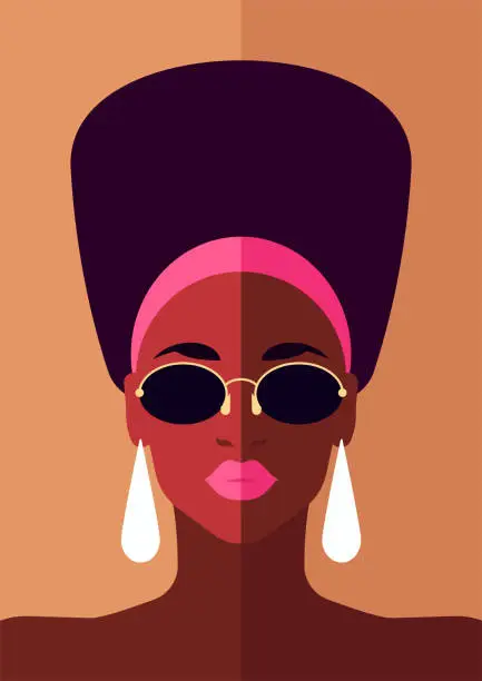 Vector illustration of African trendy woman pop art fashion portrait minimalist poster card t shirt print vector flat