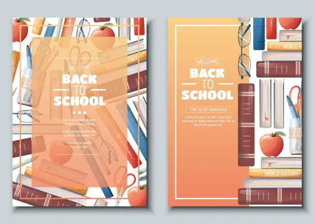 Vector illustration of Set of flyer template with school accessories, books and textbooks. School time, back to school, education. Flyer, poster, banner size a 4.