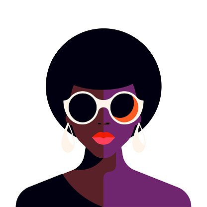 Fashion black woman portrait half tone pop art minimalist avatar vector flat illustration. Vogue female stylish face in sunglasses earrings Afro hairstyle confident young pretty lady abstract feminine