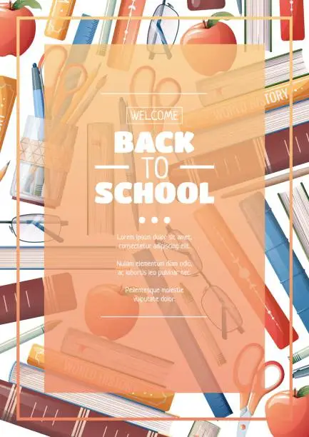Vector illustration of Poster template with school accessories, textbooks and stationery. Flyer design on the theme of school, education. Back to school, school time, studying. Banner, background, poster size a4.