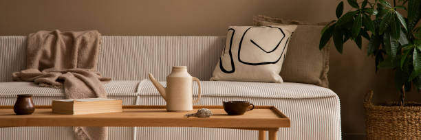 Warm and cozy living room interior with beige modular sofa, patterned pillow, brown plaid, wooden coffee table, books, plant in basket, stool, pitcher and personal accessories. Home decor. Template.
