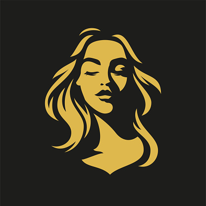 Romantic female face long hair golden minimalist shadow silhouette logo for beauty salon vector flat illustration. Elegant woman abstract portrait stylish yellow icon for cosmetic makeup artist brand