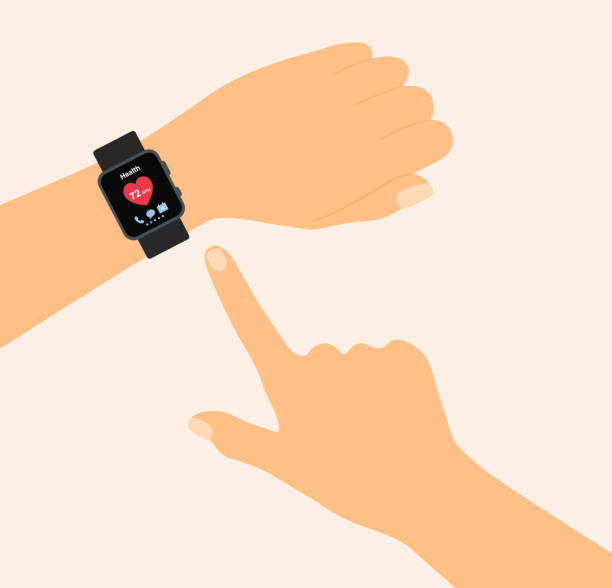 человеческая рука носит умные часы, показывающие частоту сердечных сокращений на экране. носимые технологии - pulse clock stock illustrations