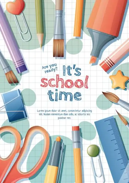 Vector illustration of Back to school flyer template design. Stationery on a checkered background. Pen, ruler, pencils, paper clips located on the background. School and office banner