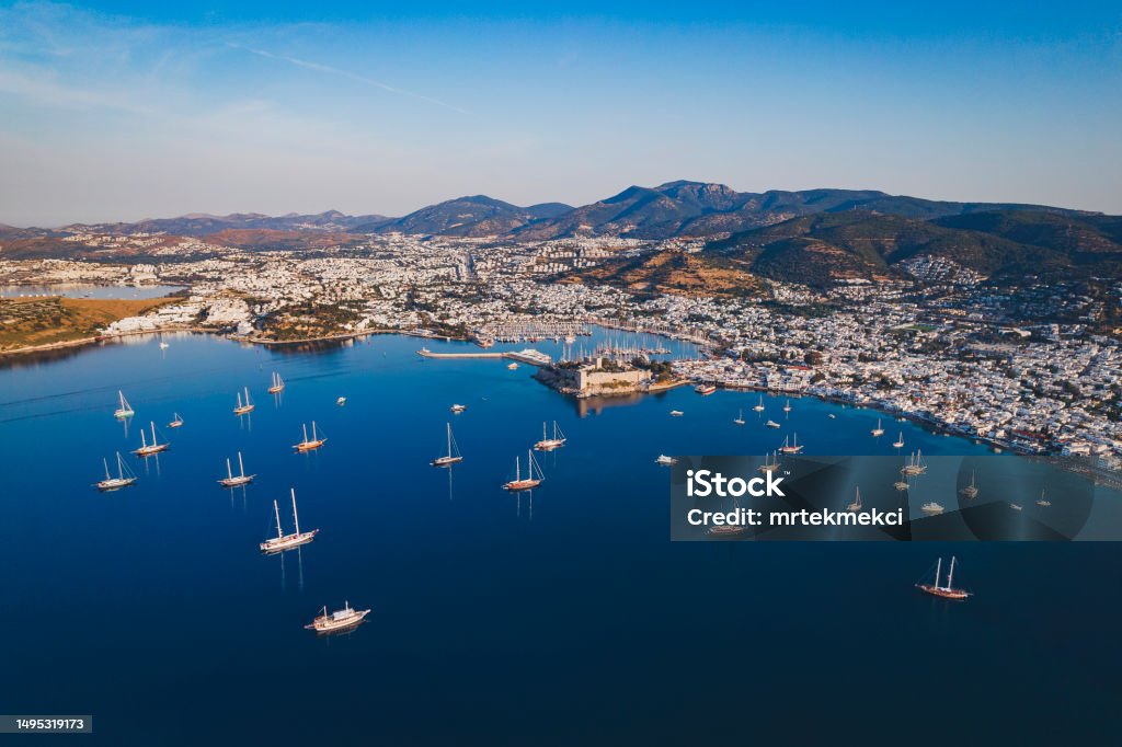 View of Bodrum castle and Marina Harbor in Aegean sea in Turkey The view on traditional white buildings, Bodrum, Turkey Bodrum Stock Photo
