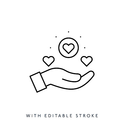 Hand with heart shapes line icon editable stroke