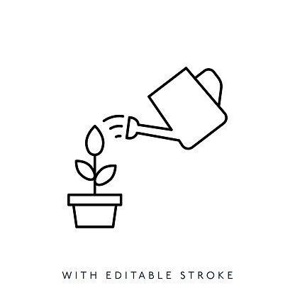 Watering can with plant line icon editable stroke