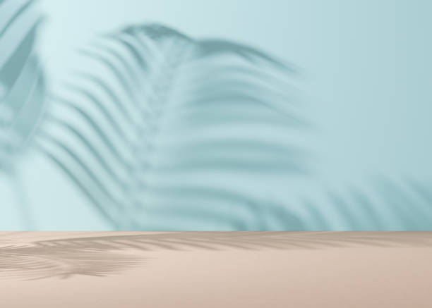 istock Empty scene with palm leaves shadows. Blue background. Template for product, cosmetic presentation. Natural mock up. Backdrop with empty, copy space. Display, showcase. 3D rendering. 1495324265