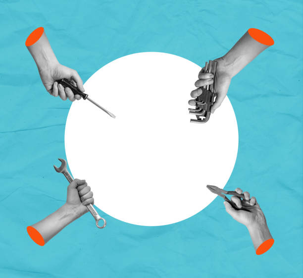 istock Art collage of hands with tools on a surreal background. 1495324283