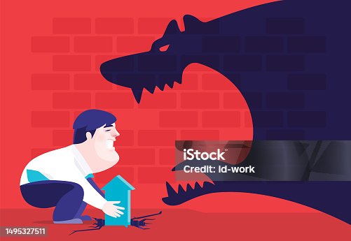 istock businessman pulling arrow symbol trapped on cracked ground and facing furious beast shadow 1495327511