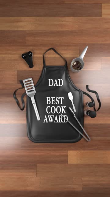Vertical Happy Father's Day Greeting Card Banner or Flyer with Barbecue Grill Items and Apron in 4K Resolution