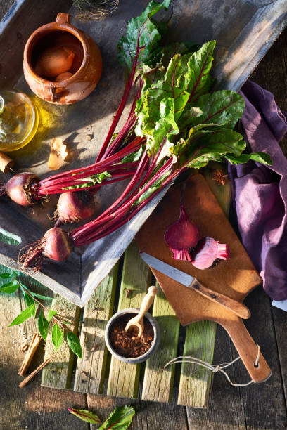 Spring beetroot in a sunny light, cloth and olive oil