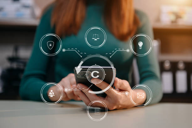 istock Copyright or patent concept, Person hand using laptop computer, tablet and smartphone with virtual screen copyright icon trademark, Creation ownership against piracy. 1495329006