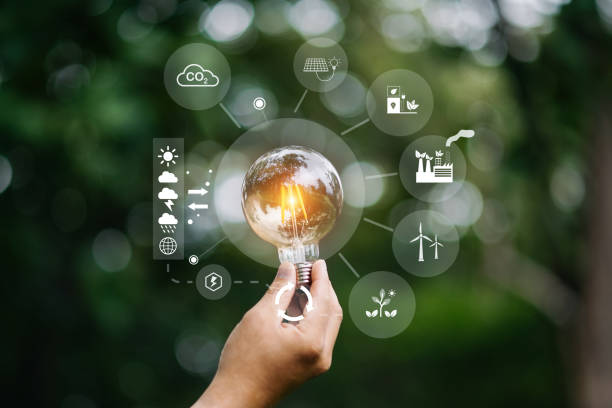 istock Hand holding anti nature light bulb on green leaf with renewable and sustainable development energy source icon. for renewable, love the world concept 1495329039
