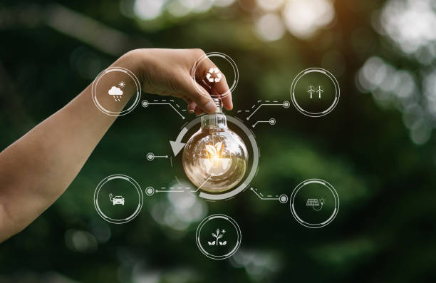 istock Hand holding anti nature light bulb on green leaf with renewable and sustainable development energy source icon. 1495329069