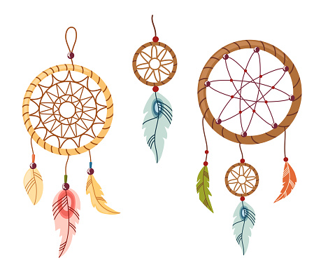Dreamcatchers Collection. American handmade dreamcatchers, ethnic round talisman with feathers threads and beads rope hanging. Flat cartoon vector illustration