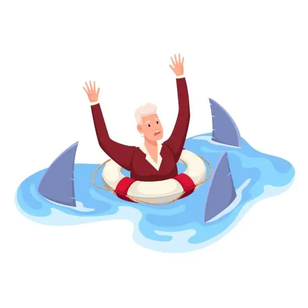 Vector illustration of Man in Lifebuoy Drowning in Water Among Sharks