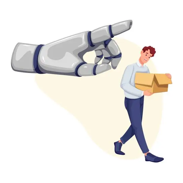 Vector illustration of Robot Hand Kicking Employee Out of Work