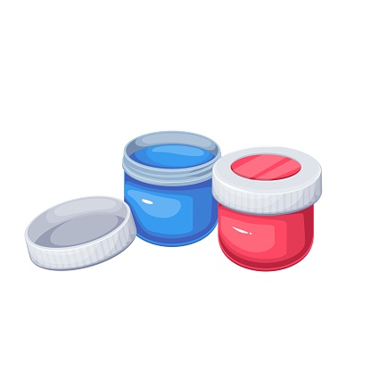 Paint bottles set vector illustration. Cartoon isolated gouache paint in round plastic jars with red and blue pigment, open and closed cap, small containers for craft hobby of painter, school supplies