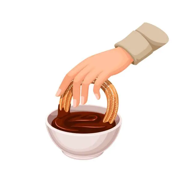 Vector illustration of Hand Dipping Churro in Cup With Chocolate Sauce