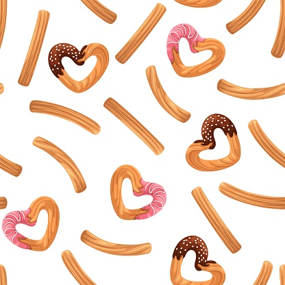 Churros seamless pattern vector illustration. Cartoon isolated churro sticks and hearts dipped in chocolate sauce and pink strawberry icing, delicious dessert in gourmet breakfast restaurant menu