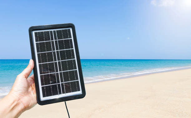 istock Portable solar cell panel in girl hand over beautiful beach background 1495332685