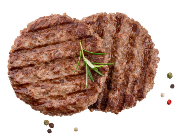 Beef cutlet grill with stripes outdoors with fresh rosemary branch isolated on white background. grilled hamburger meat