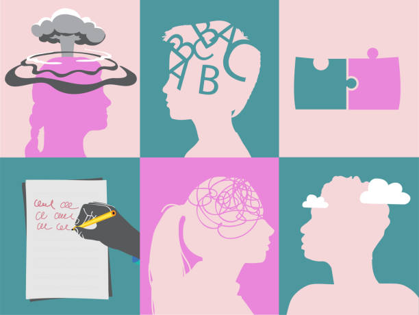 illustrations, cliparts, dessins animés et icônes de apprentissage du handicap, difficultés d’apprentissage, problèmes de santé mentale des enfants, autisme et dyslexie, trouble de l’attention. concept de diversité, d’inclusion et d’appartenance. - formation des adultes
