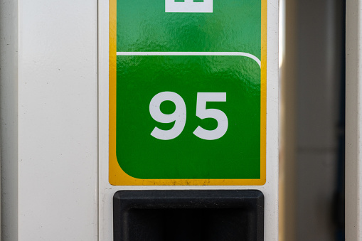 Gothenburg, Sweden - February 25 2023: 95 octane gasoline sticker at a gas pump.