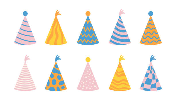 Party Hats vector set Cute hand drawn decorative illustrations collection of funny hats for birthday, anniversary, event, celebration, poster, greeting card. party hat stock illustrations