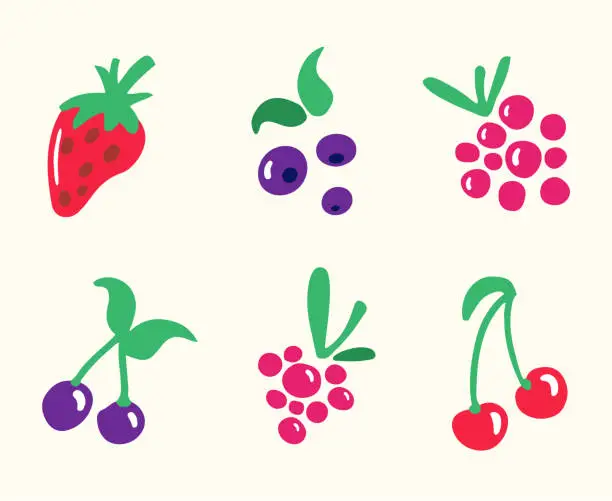 Vector illustration of Set of berries illustration in doodle style. Hand-drawn isolated strawberry, blueberry, raspberry and cherry