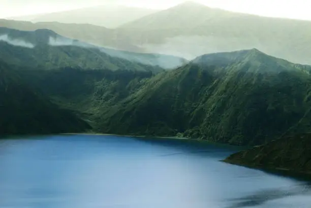 mountains, fog  and lake at the Azores
