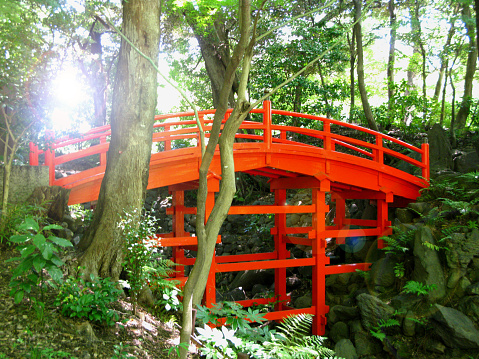 The red bridge at the entrance to the Sumiyoshi-taisha shrine in Osaka, Japan.