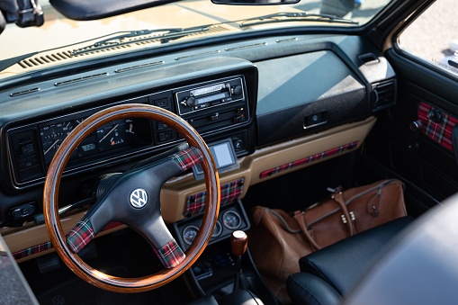 Los Arcos, Spain – February 25, 2023: Interior of a classic German car, it is a first generation Volkswagen Golf cabrio