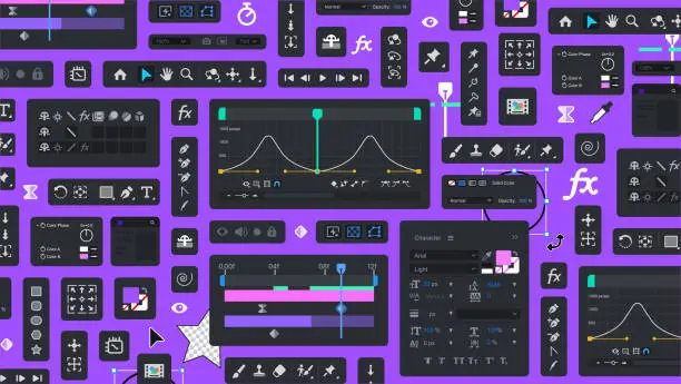 Vector illustration of Background of Motion Design Editor processing Tools. Tool Blocks. Graphic Movie and animation Editing. UI bg. Set of icon Panels for visual effects. Videomakers items. FX Buttons and icons. Toolbar