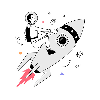 Astronaut flying with rocket illustration. Vector design with clean editable lines and minimalist design.