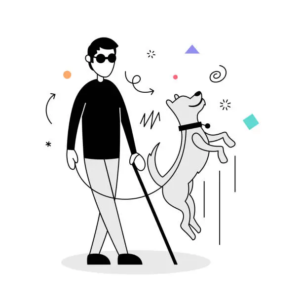 Vector illustration of Man walking with guide dog in park