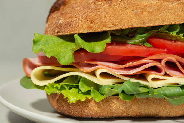 istock Sandwich with mortadella, cheese and tomatoes on a gray table 1495346684