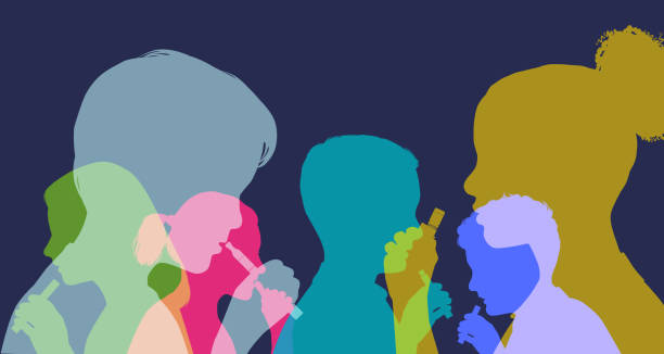 Children Using E-cigarettes or Vapes Colourful overlapping silhouettes of Children using e-cigarettes or vapes. Electronic cigarette, e-cigarette, vapers, inhale, passive smoker, handheld electronic device, tobacco smoking, smoker, nicotine, social issue pics for electronic cigarette stock stock illustrations