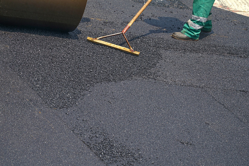 professional road roller laying asphalt