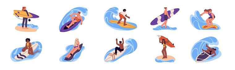 People surfing on water waves, standing on board. Active men, women riding surfboards on summer holidays, vacation at sea resort. Flat graphic vector illustrations isolated on white background.