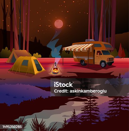 istock Holiday Night Camp Tent and motor home 1495350285