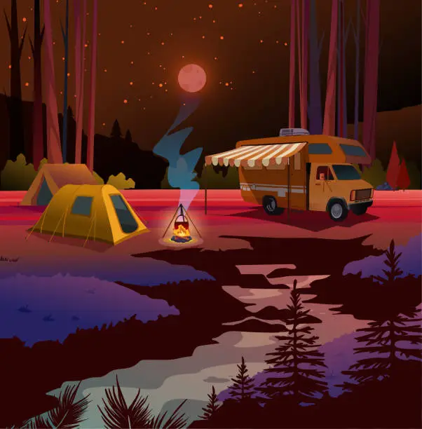 Vector illustration of Holiday Night Camp Tent and motor home