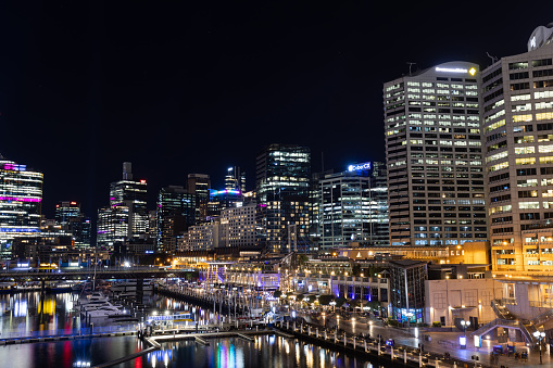 Sydney, Australia - May 29, 2023: Night view of Darling Harbour.