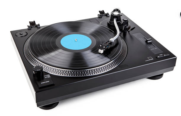 istock Turntable playing vinyl record close up. Retro audio equipment. 1495353771