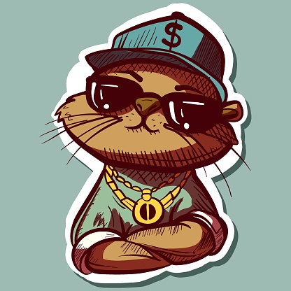 Digital art of a cool thug otter with a gold chain, clothes and a hiphop hat. Graffiti sticker of a weasel with sunglasses.